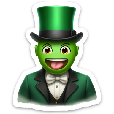 emoji face wearing a green tophat sticking his tounge out sticker