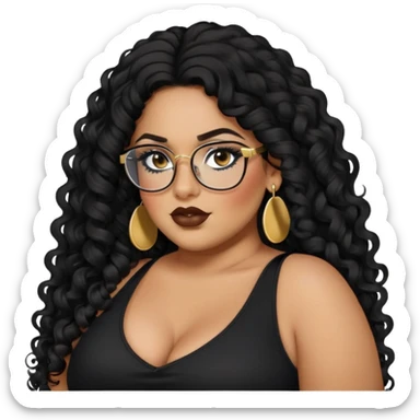 big plus size, latina, darker tan skin, long black curly hair, baddie,pretty, makeup, lipgloss, black eyeliner, long hair, small gold earrings, black top, black glasses sticker