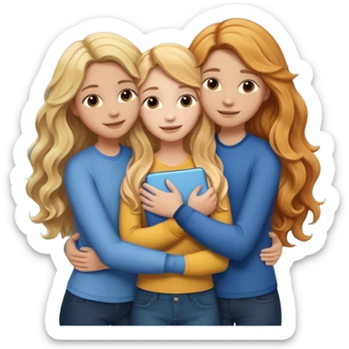 Three friends hugging, one with blonde long wavy hair, the other with ginger long hair and the other brunette long hair sticker