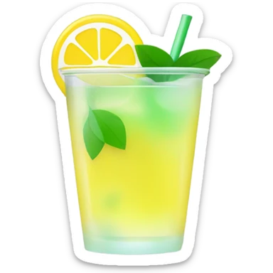 Bright yellow cocktail in a translucent eco-cup, minimalist emoji style, slight glow, simple shine, with a lemon slice or green leaf. Neutral background. sticker