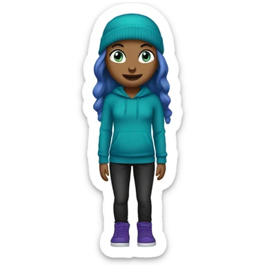 White girl, blue eyes, long teal hair, purple beanie hat, black hoodie, blue jeans, black shoes sticker