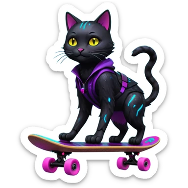 A neon-lit cyberpunk cat riding a floating skateboard through a rain-soaked city alley, cinematic lighting, 8K sticker