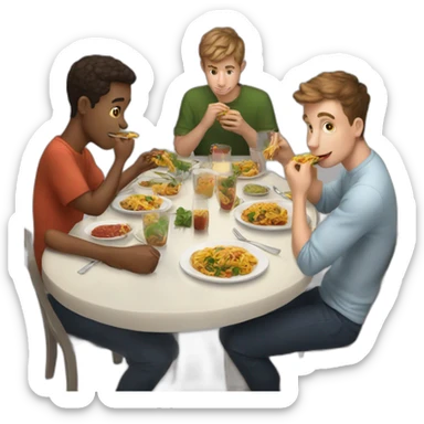 3 young white guys eating dinner together sticker