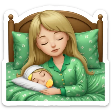 Young woman with long dark blond hair and a bang sleeping in bed  with green pyjama sticker