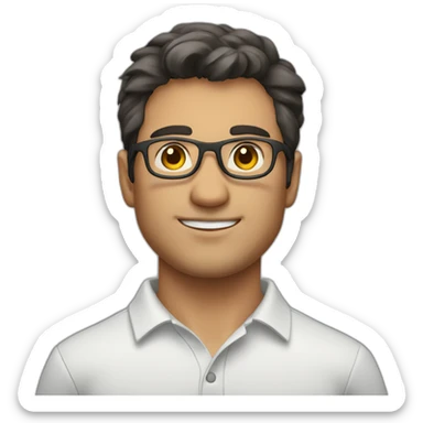 guy with dark hair, a white polo and grey glasses sticker