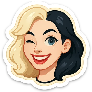 Create a Telegram-sticker style character based on the reference. The character is a girl with two-tone hair (light and black), smiling with visible upper teeth, winking, blue eyes, pale skin, and a nose piercing. No outline on the edges, only the head with hair, no background. sticker
