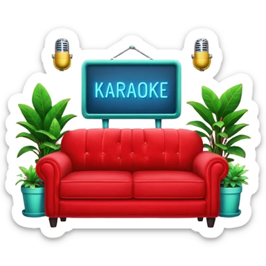 red velvet couch, mic in front, houseplants in back, and a neon sign saying "karaoke", and NO PEOPLE IN IT sticker