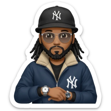 African American Man with shoulder length black dreadlocks with black beard wearing black sunglasses wearing a black bubble winter coat and a New York Yankees logo baseball cap checking the time on his watch sticker