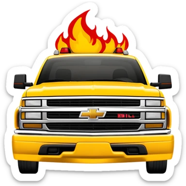 Minimalist yellow 1997 Chevrolet C-2500 Crew Cab Silverado with red flame decals across the hood front, 30-degree view, exact Kill Bill movie design, iOS emoji style sticker