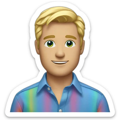 blonde blue eyes man in a blue button up shirt with a rainbow colors sticker