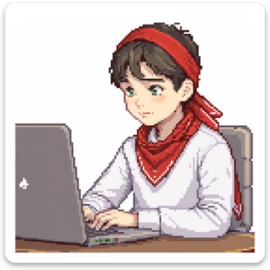 Soviet young pioneer with red neckerchief sitting at a laptop computer sticker