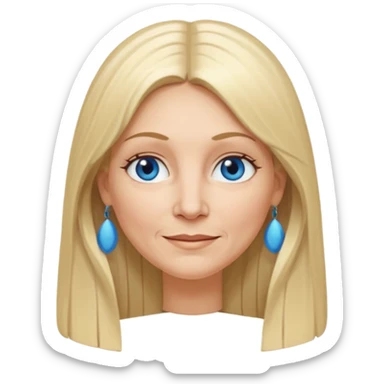 50 yr old white woman, hippe part bangs, very long straight blond hair, oval face, small smile, blue eyes, thin face, hair downback, hair parted at center of head, round cheeks, pale, longer hair sticker