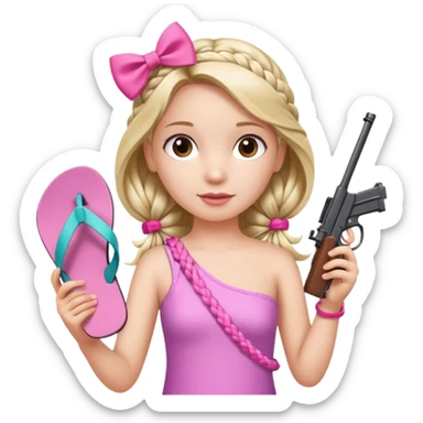 A girl who has a braid on one should and has a flipflop in one hand that has a bow while in the other hand she has a gun with a bow  sticker