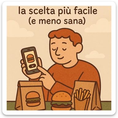 Uomo che ordina cibo tramite app sullo smartphone, sul tavolo sacchetti di hamburger e patatine, testo in italiano: “Cibo a domicilio: la scelta più facile (e meno sana)”. sticker
