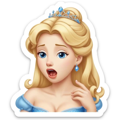 Cinematic Realistic Yawning Cinderella Portrait, showcasing lifelike porcelain skin and intricately detailed golden-blonde hair styled flawlessly as she mid-yawn reveals a moment of tender vulnerability. Her half-closed blue eyes and relaxed expression are rendered with natural, soft lighting that emphasizes the subtle textures of her face and the detailed, flowing fabric of her iconic gown. The scene glows with a cozy, authentic warmth that captures a rare, intimate moment of repose. sticker