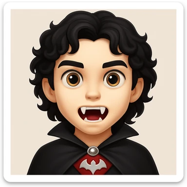 Create an image of a vampire boy with medium-length curly black hair and more prominent fangs in an emoji style. The style should resemble emoji aesthetics but use the general editing model for best results. sticker