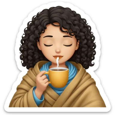 Tan light girl with curly black hair under a blanket sipping coffee eyes closed sticker