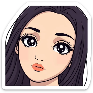 White girl with long oval face, huge round black eyes, big eyelashes, no makeup, natural lips, face closeup, long straight black middle-parted hair sticker