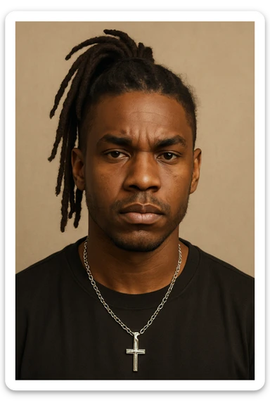 portrait of a brown-skinned person with a cross chain necklace and dreadlocks tied in a ponytail on top, detailed facial features, neutral background sticker