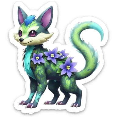 Realistic Sharp swampy mossy elemental ivy floral detailed Colorful translucent luminescent glowing Trico-Noibat-batty-Sergal-Furret-Ferret-Wolverine-Vernid-furry-fursona-fusion-Fakemon-animal-hybrid-creature, full body sticker