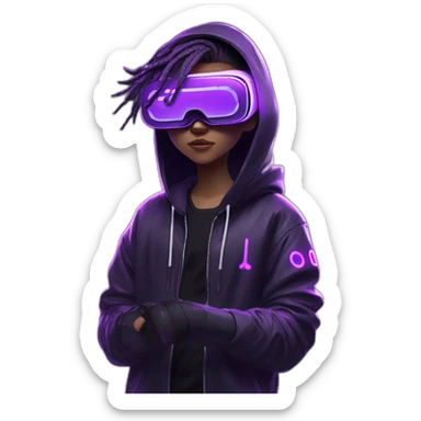 Cyberpunk style. Violet neon. boy with white-light skin in the black hoody with violet OMG VR logo on it wearing vr headset oculus quest 2 sticker