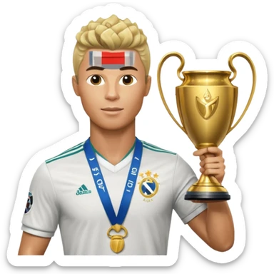 Cristiano Ronaldo holfing the champions league with noodle hair a bit longer noodle hair with a bit of blonde highlights and tge hair xoming down a bit sticker