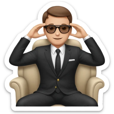 a white man, brown hairs, in formal suit wearing sunglasses resting with hands behind head sticker