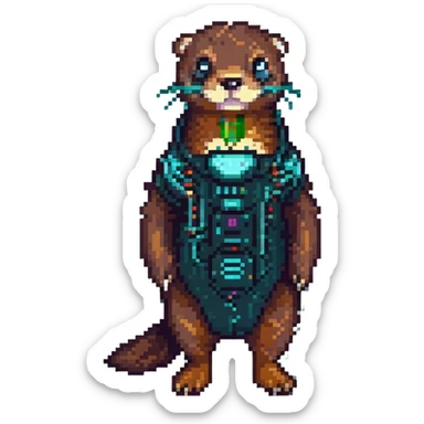 adorable pixel art otter, cyberpunk neural interface, neon colors sticker