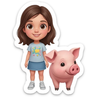 Girl brunette with a little pig sticker
