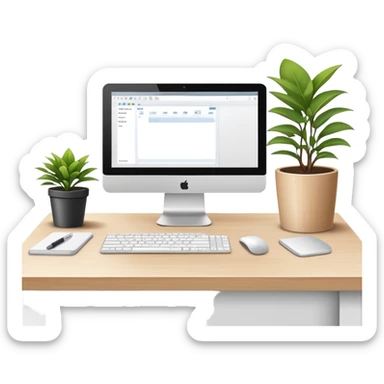 Clean and organized workspace desk with a computer monitor and a small potted plant, minimal clutter, organized office supplies sticker