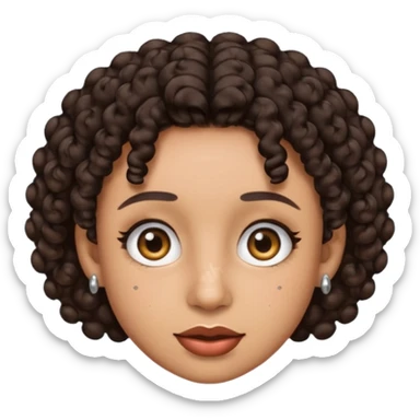 an emoji with a mixed skin color, short dark brown curly hair with 2 silver stud earrings on both ears and 2 slits on each eyebrow sticker