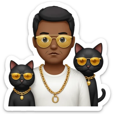 Freaky Larry is a cat with a gold chain and sunglasses standing behind a scared man with no facial hair. Make sure the cat is black sticker