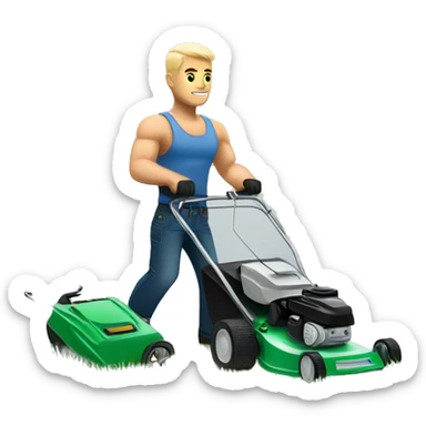 A muscular white man with tattoos cutting grass with a lawn mower sticker