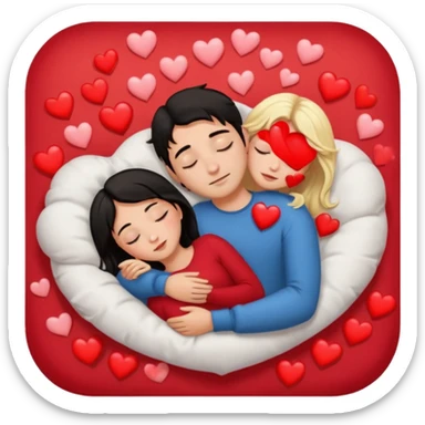 Sleeping romance couple. man has dark hair. woman is blonde. hearts around them. sticker