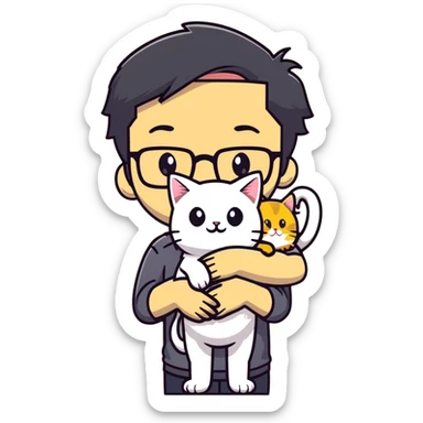 Young man with warm yellow-toned skin, long face, black back-length hair, large eyes, thin-rimmed square glasses, smiling gently while holding a grayish-white Munchkin cat with short legs and a gray patch under its mouth sticker