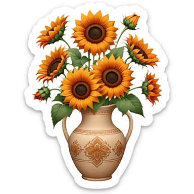 bouquet of bright orange sunflowers in a beige aesthetic vase in vintage style with beautiful ornaments of brown color sticker