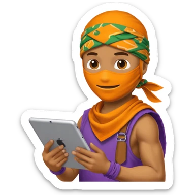 Donatello from Teenage Mutant Ninja Turtles, emoji style, using a tablet with a hacking screen and a bandana, with an orange hacking interface sticker