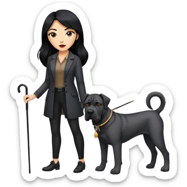 Stylish woman with long black hair and a black Cane Corso dog with cropped ears sticker