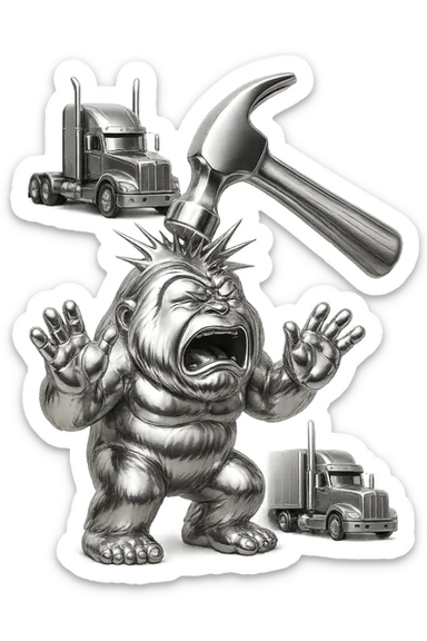 Add a comic-style impact effect where the hammer hits the abominable snowman, remove any blue color from the abominable snowman. Keep the side view, flattop semi with chrome stacks far behind, light and realistic style, no text. sticker