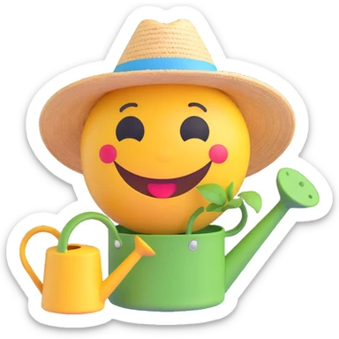 3D smiley emoji, round shape, gardener with straw hat and watering can, funny face, transparent background sticker