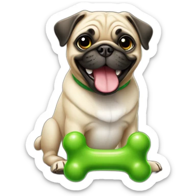a happy pug whit a green toy bone sticker