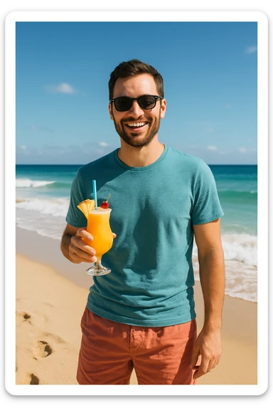 take this picture of a man and make it  beach photo with drink sticker