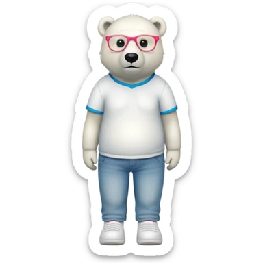 friendly anthropomorphised polar bear standing upright, looking chilled and unbothered, wearing a shirt, jeans, trainers, colorful glasses sticker