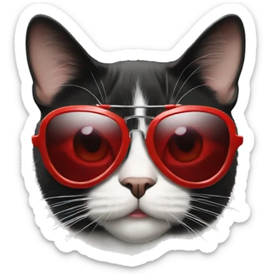 Face of a tuxedo cat wearing red aviator sunglasses with their eyes peeking over the top and a sarcastic way sticker