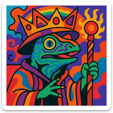 psychedelic lizard wizard with a crown, inspired by King Gizzard and the Lizard Wizard, vibrant colors, trippy patterns, fantasy vibe sticker