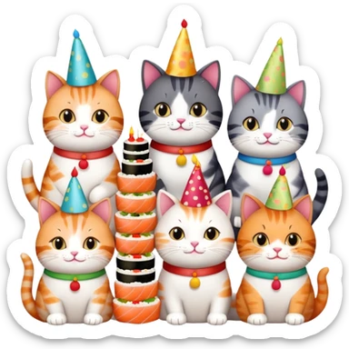 exactly six individual cats in a row celebrating one cat's birthday, each cat clearly visible and holding a piece of sushi, birthday cake in center, all six cats with party hats sticker