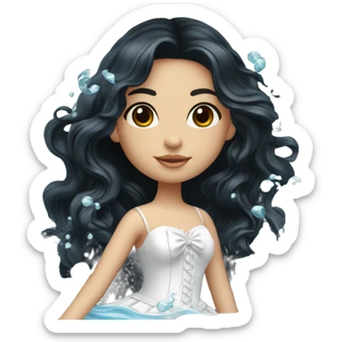 Pretty young Lady doll posing posed pose with long black hair flowers in hair white dress surrounded by flowing water water swirls waves sticker
