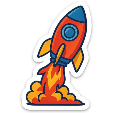 a rocket blasting off with colorful flames, vibrant toon style sticker