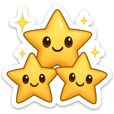 3 golden stars, one big in the center and two smaller on the sides, with a playful, cartoonish expression and sparkles (emoji style) sticker