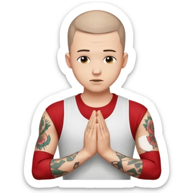 A 20 year old white man with a buzz cut and tattoos all over his arms and chest. Pleading face with hands praying wearing a white tanktop sticker